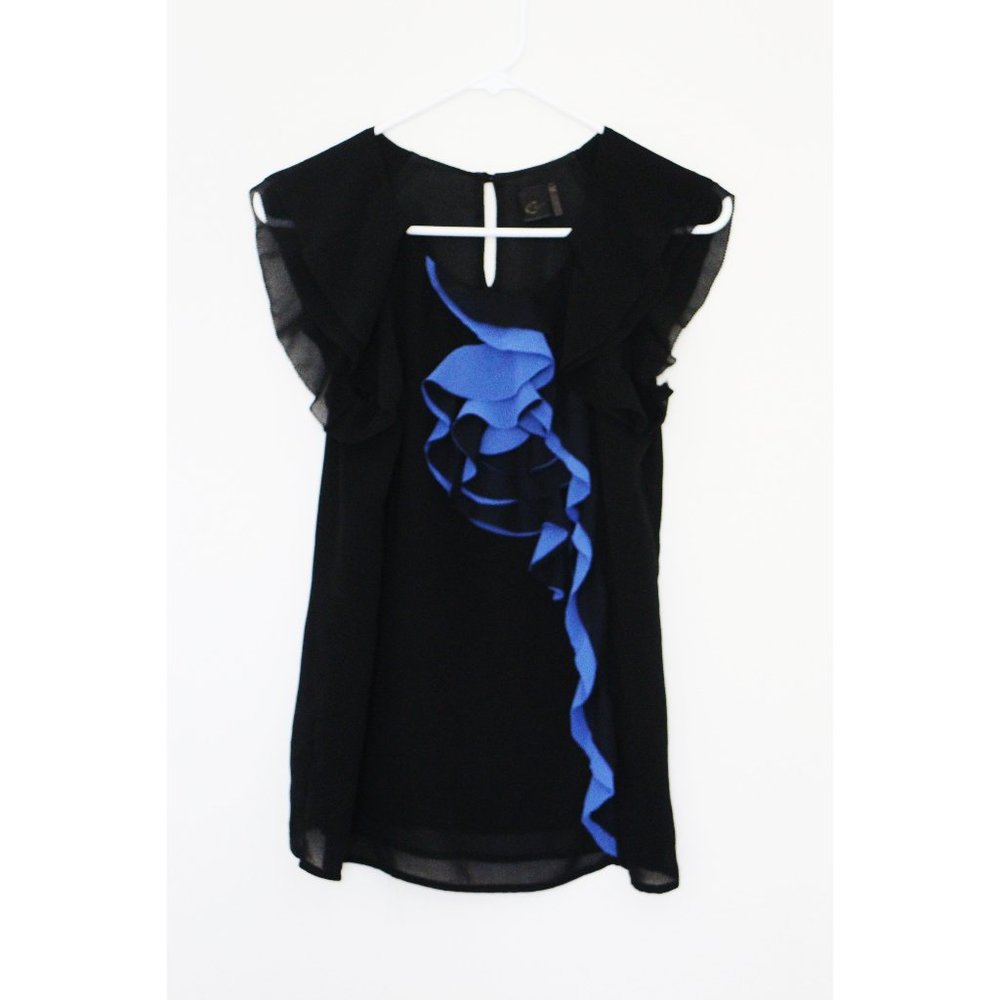 C. Luce Black Blue Ruffle Flower Blouse S